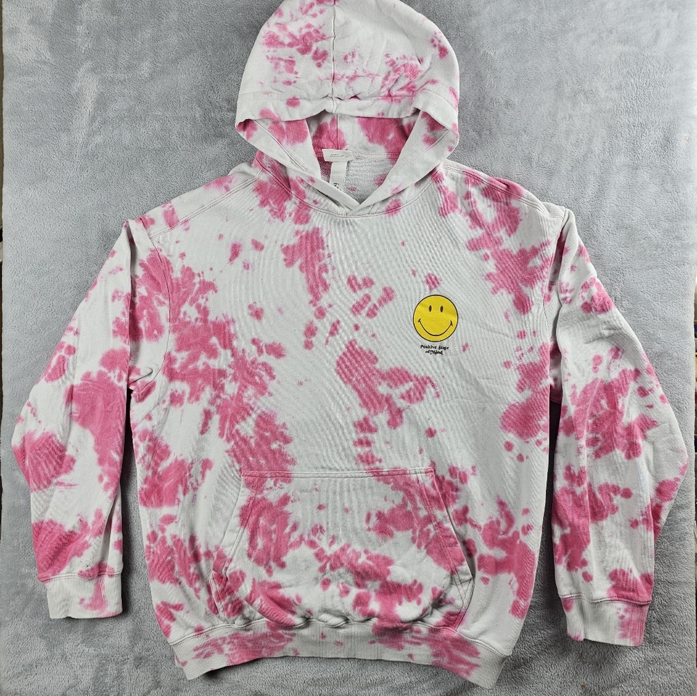 H&M Smiley Collaboration Positive Pullover Hoodie Women's Size Large Tye Dye
